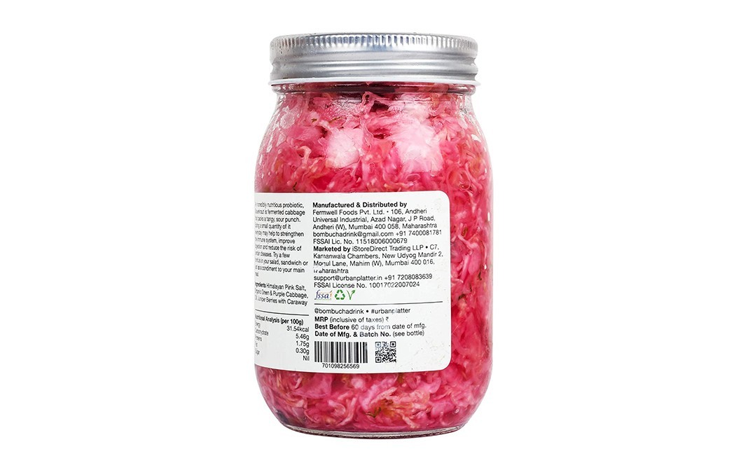 Urban Platter Sauerkraut by Bombucha Pickled Probiotic Cabbage Original   Glass Jar  450 grams